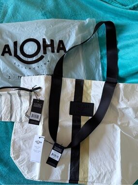 ALOHA Collection Black Logo Patch Tote with Cream & Black Panels + Mini Pouch!!